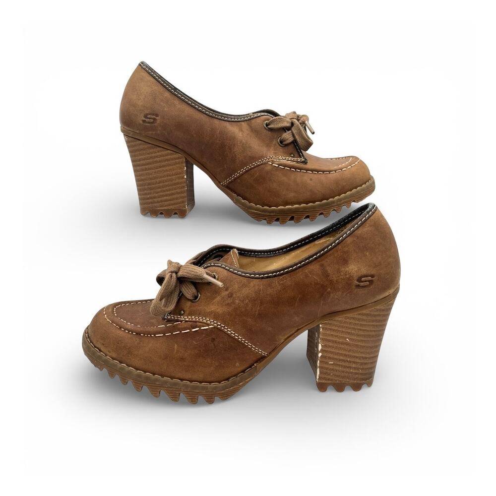 Skecher Girl Brown Leather Chunky Heel Oxfords Lug Sole Moc Toe Y2K Size 5.5